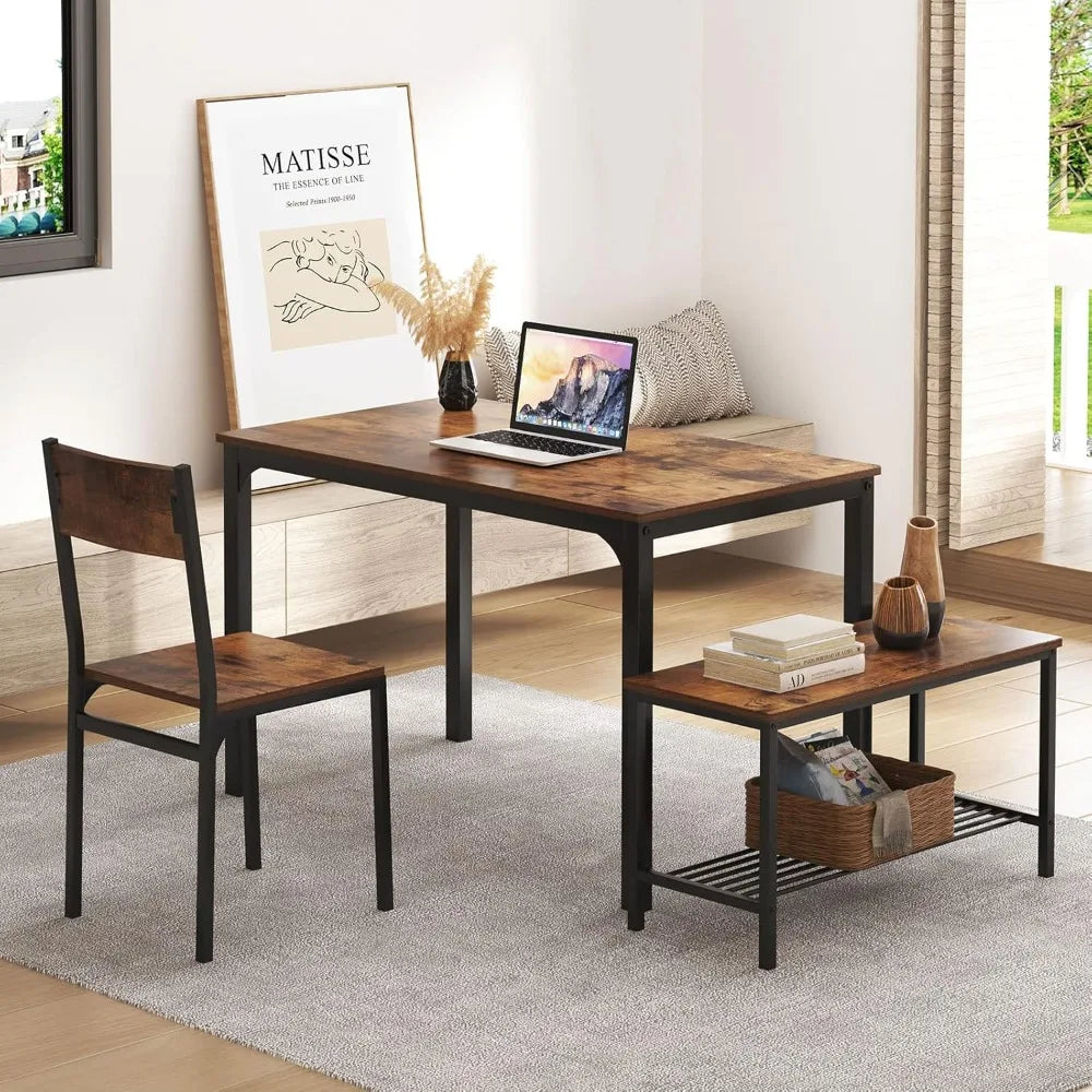 4-Piece Dining Table Set with Storage Bench, Space-Saving Nesting Furniture