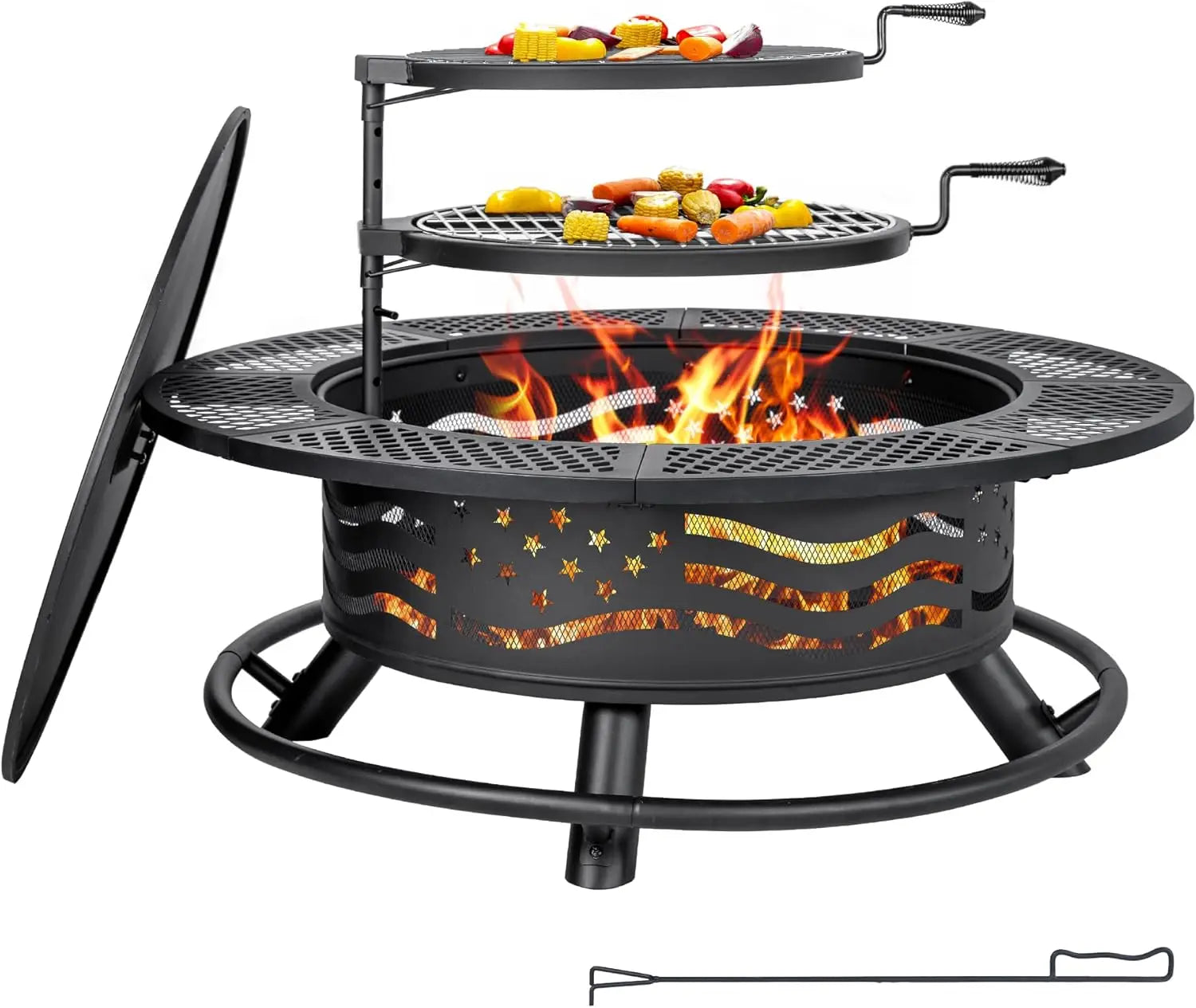 42 Inch Fire Pit with 2 Cooking Grate, Outdoor Wood Burning BBQ Grill Firepit Bowl with Cover Lid, Steel Round Table