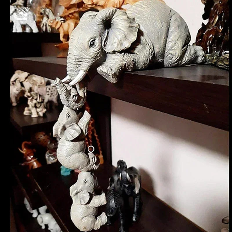 3pcs/set Cute Elephant Figurines Mother Elephant Holding Baby Elephant Hanging Off The Edge of Shelf