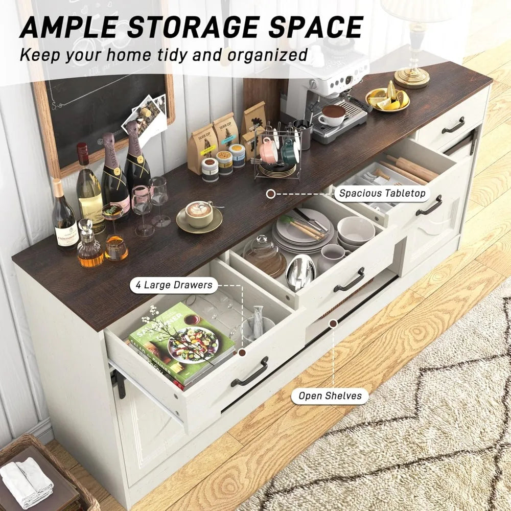 Farmhouse Style Buffet Cabinet with Sliding Doors, 4 Drawers, and Coffee Bar Feature