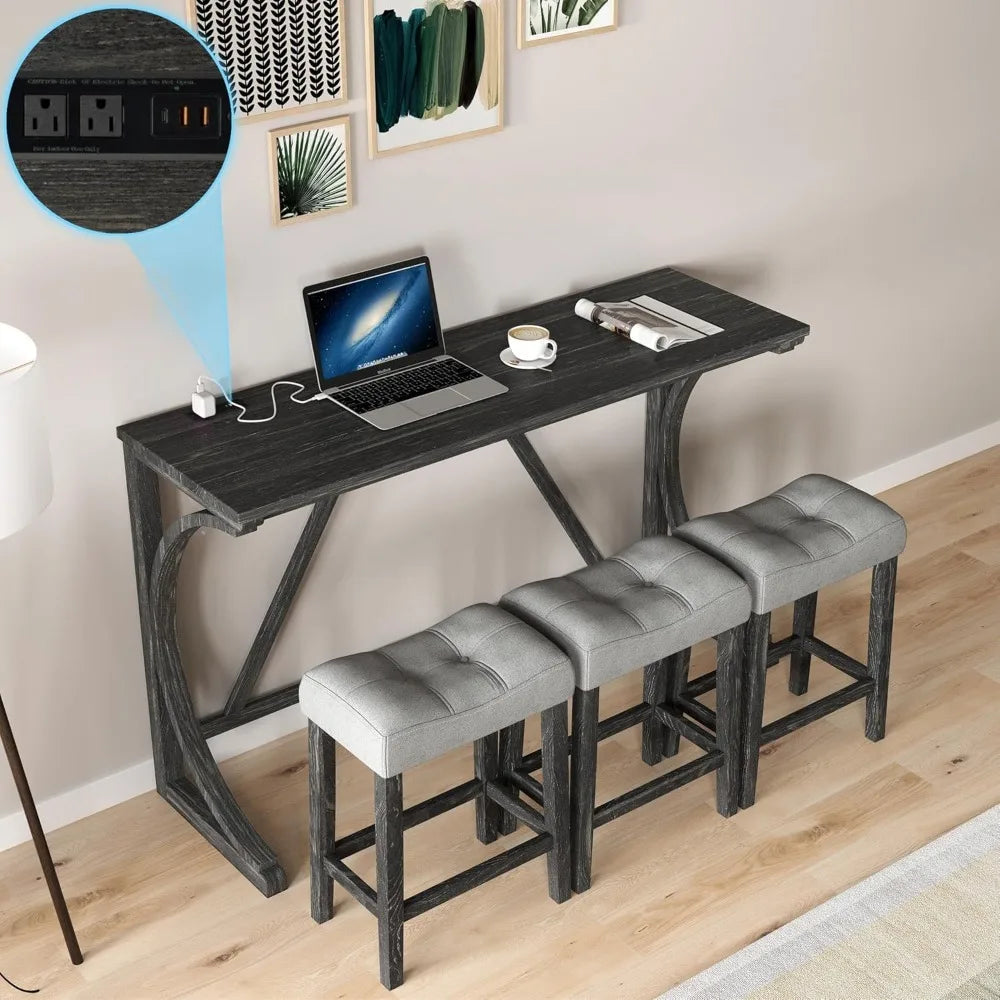 Farmhouse Counter Height Dining Set - Bar Table and Chairs, with Power Outlet and 3 Upholstered Stools