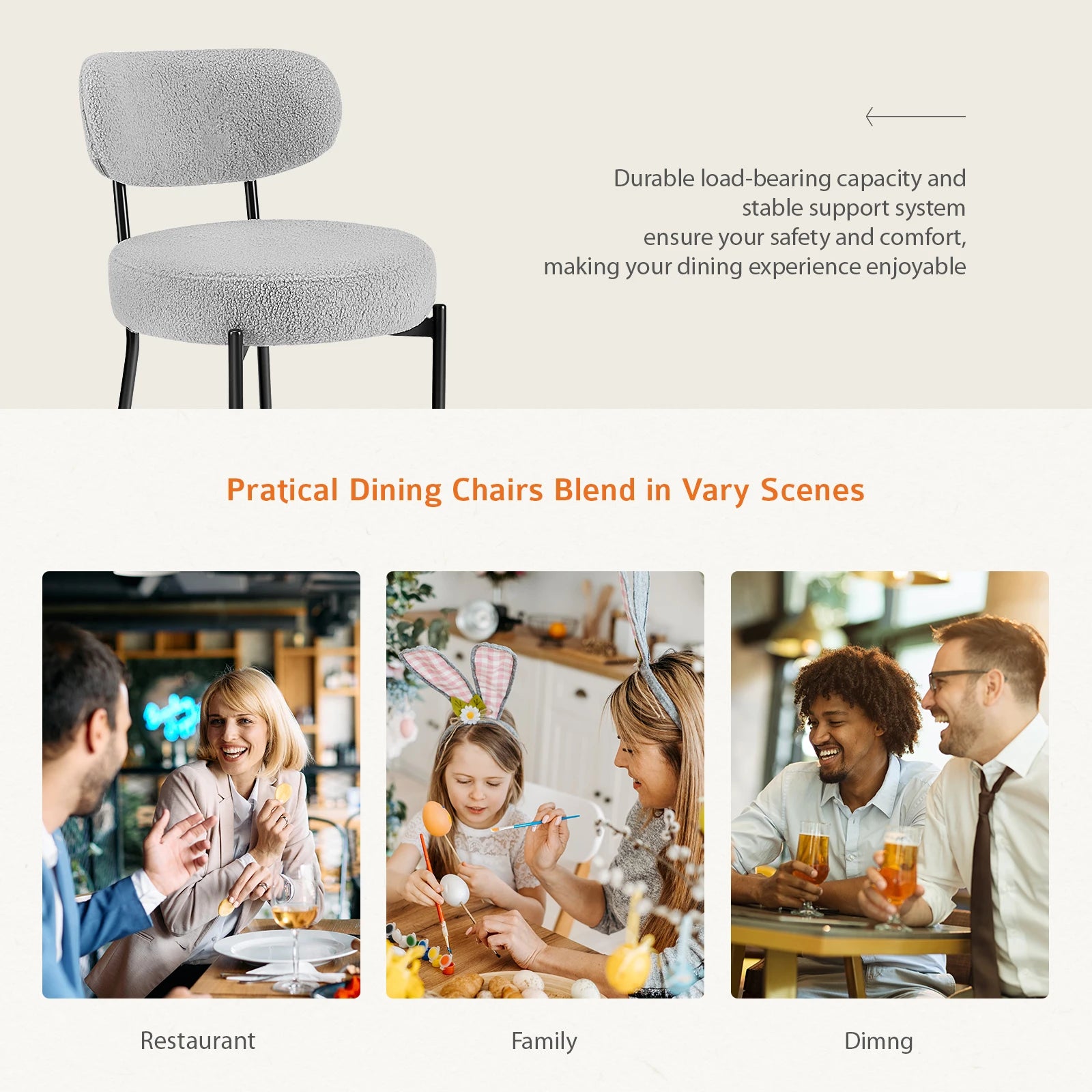 Round Dining Chairs Set of 2 Plush Fabric Kitchen Chairs with Curved Backrest Metal Legs