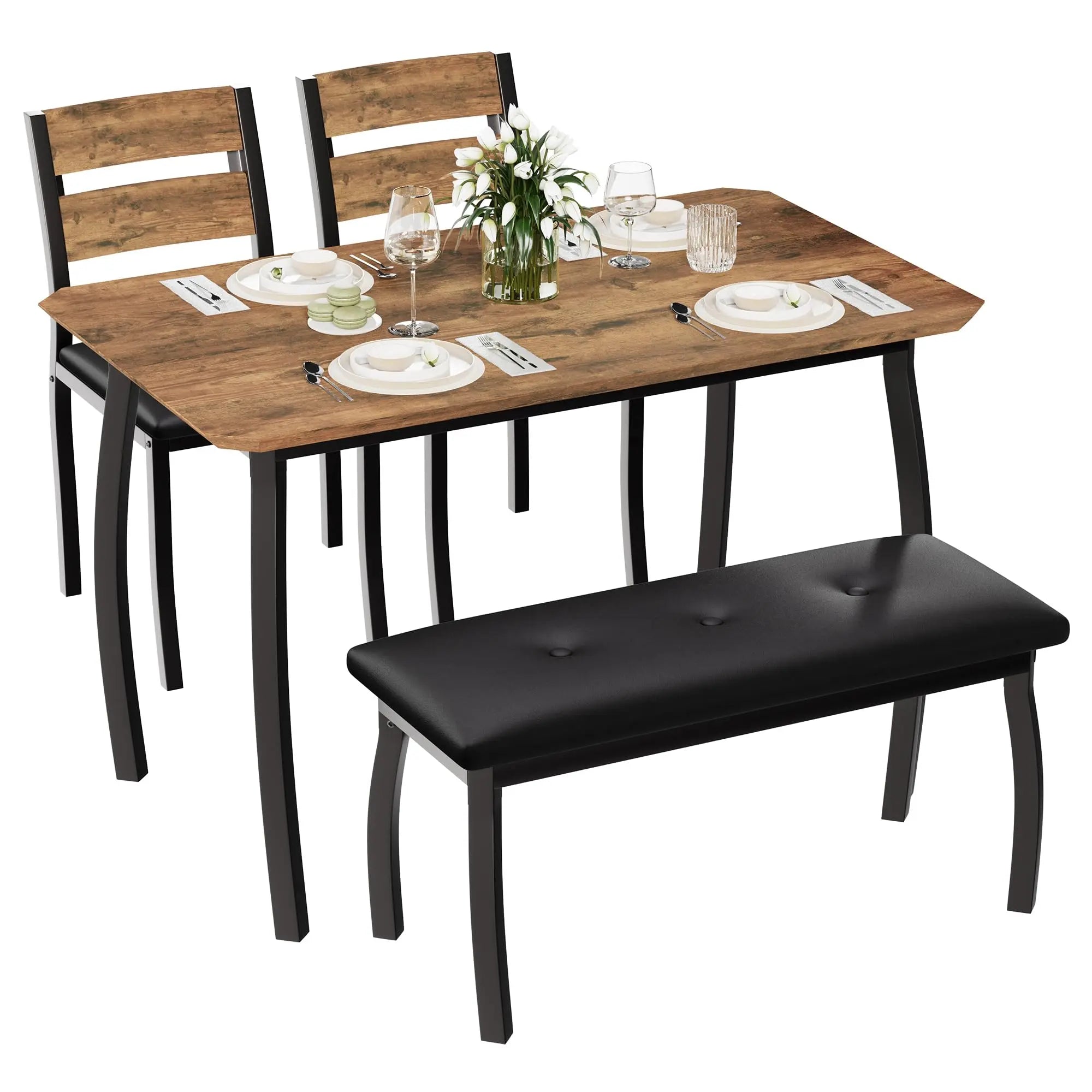 Dining Table Set for 4, Kitchen Table with Upholstered Bench and 2 Chairs, Set for Small Space