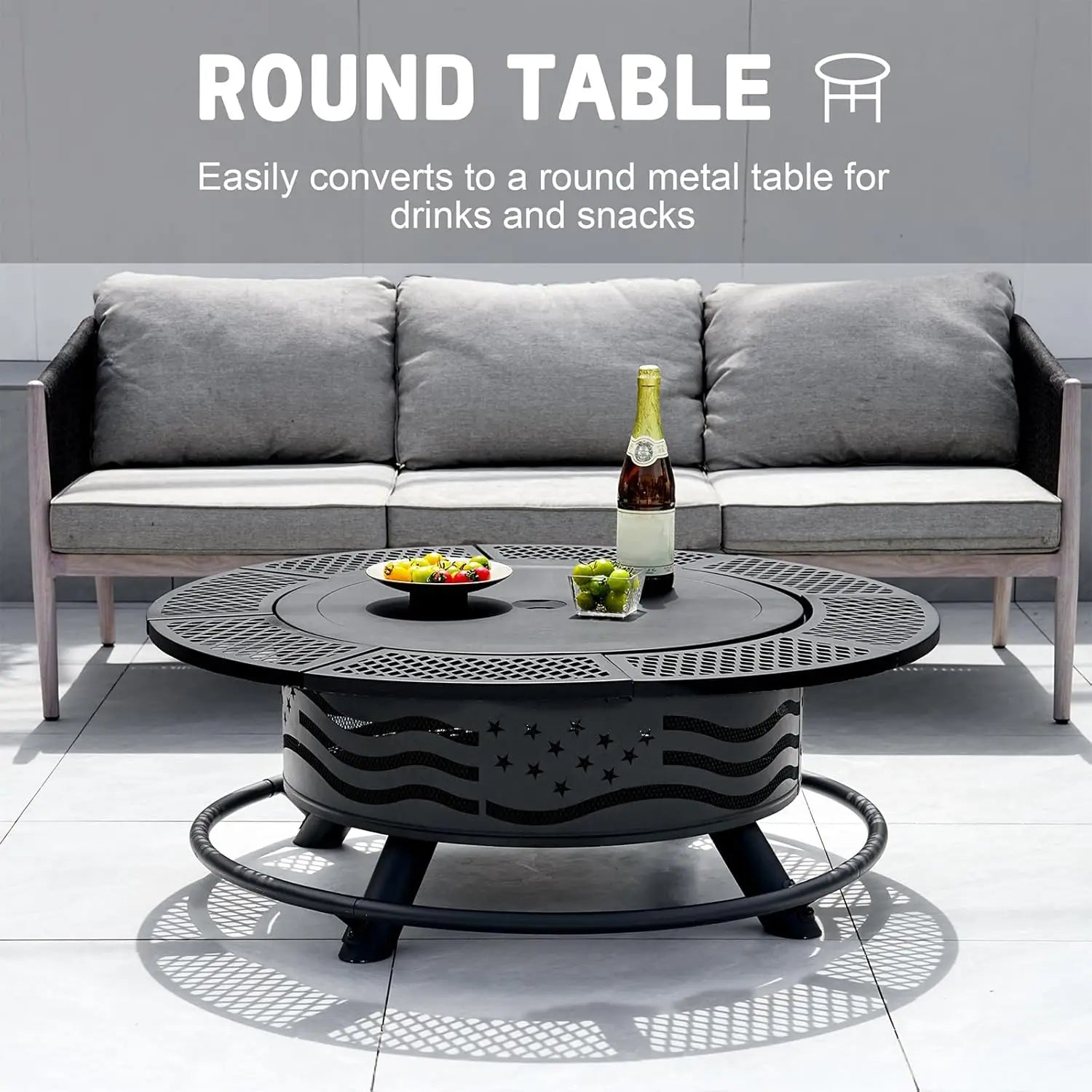 42 Inch Fire Pit with 2 Cooking Grate, Outdoor Wood Burning BBQ Grill Firepit Bowl with Cover Lid, Steel Round Table