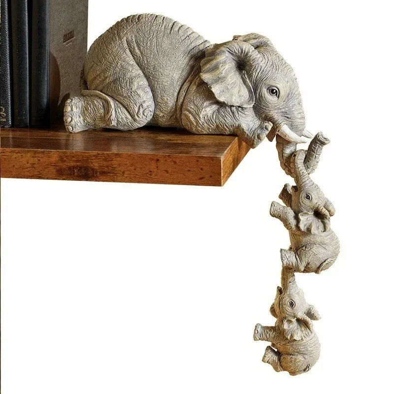 3pcs/set Cute Elephant Figurines Mother Elephant Holding Baby Elephant Hanging Off The Edge of Shelf