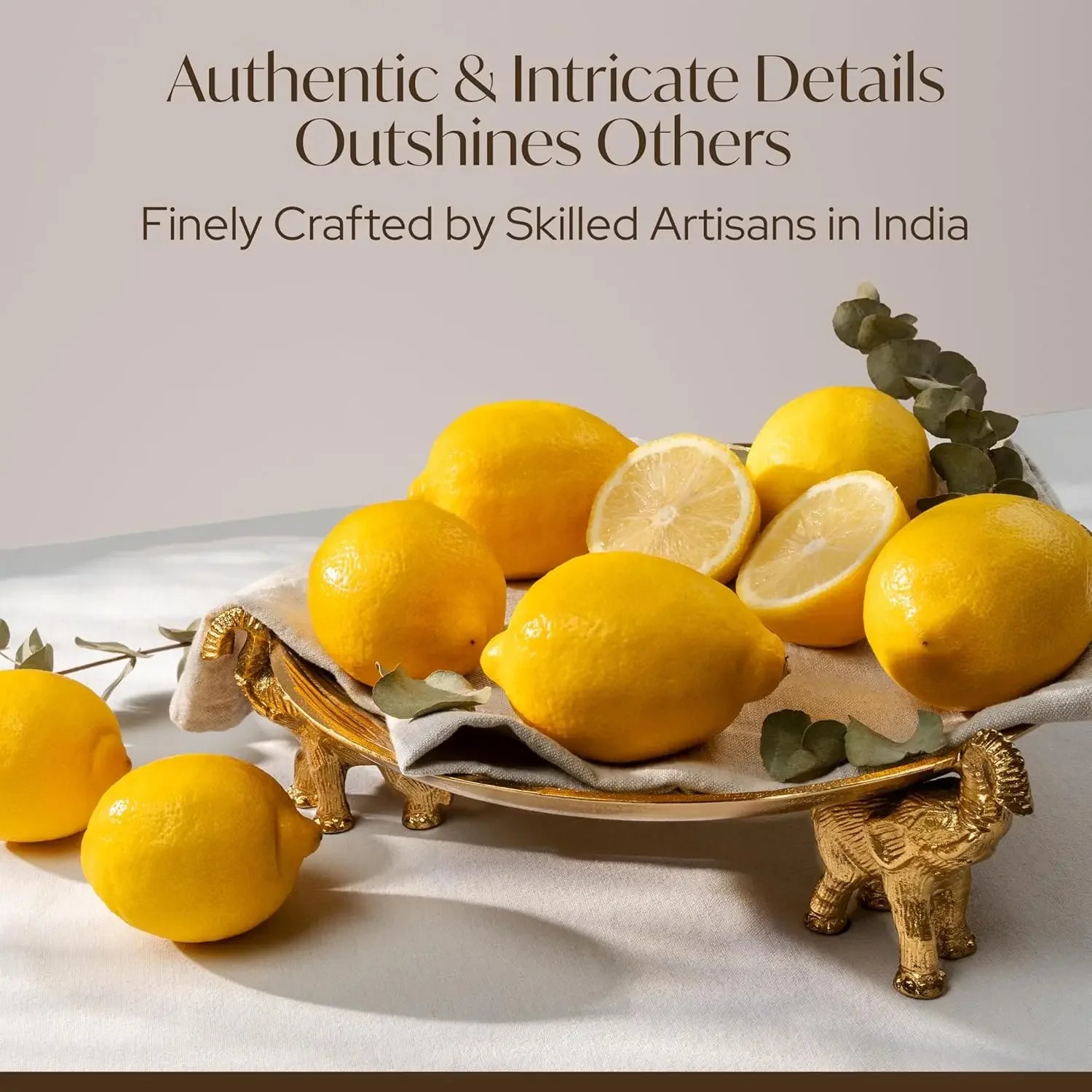 Round Decorative Tray with Elephant Stands, Golden