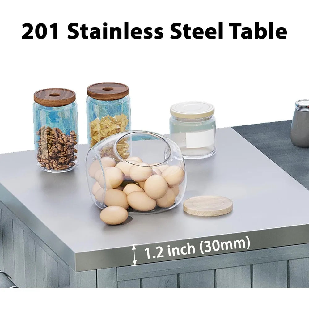 Outdoor Kitchen Island for Big Green Egg Grills, with Solid Wood Outdoor Grill Table and Stainless Steel Top