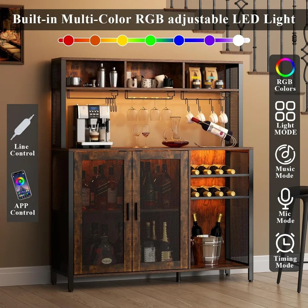 Wine Bar Cabinet with LED Light, Industrial Coffee Bar with Wine Rack & Glass Holder