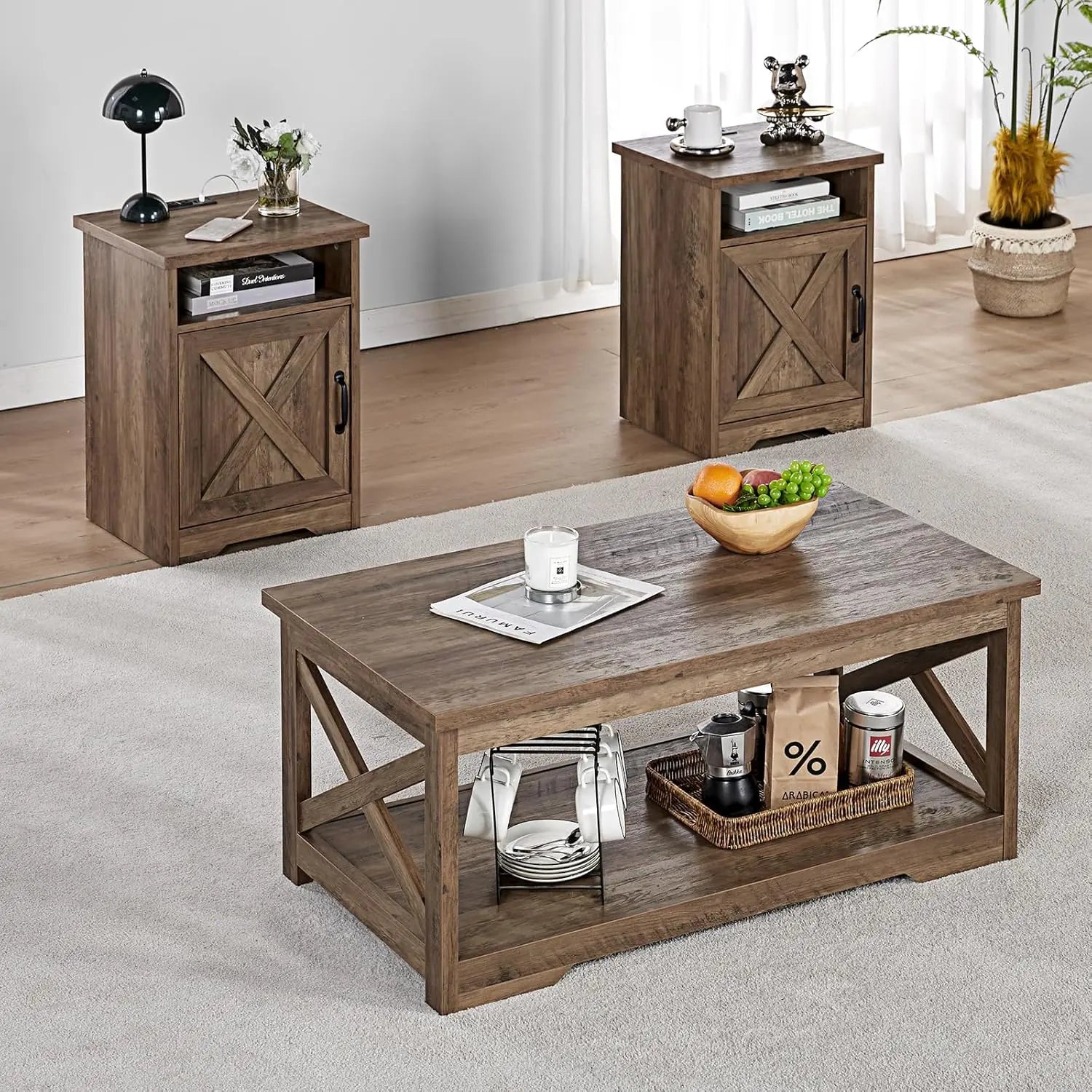 3-Piece Farmhouse Table Set - Coffee Table & 2 End Tables with Charging Station & USB Ports