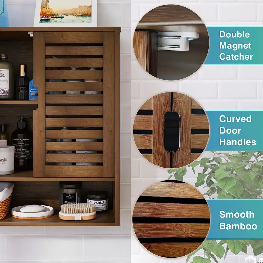 Bathroom Cabinet Wall Mounted, Bamboo OverTheToilet Storage Organizer, Space Saver Medicine Cabinet with 2 Doors