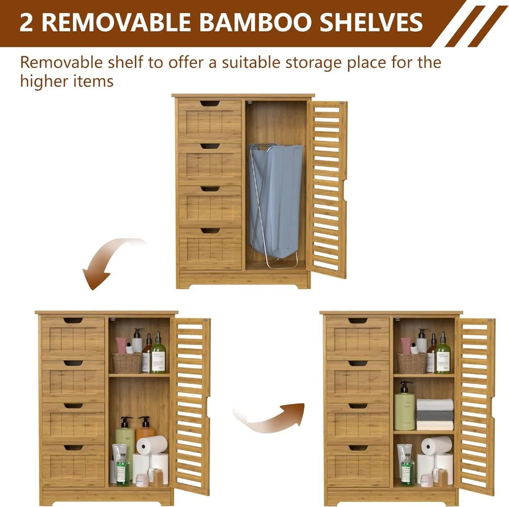 Bamboo Bathroom Storage Cabinet with 2 Shelves & Drawers, Waterproof Countertop