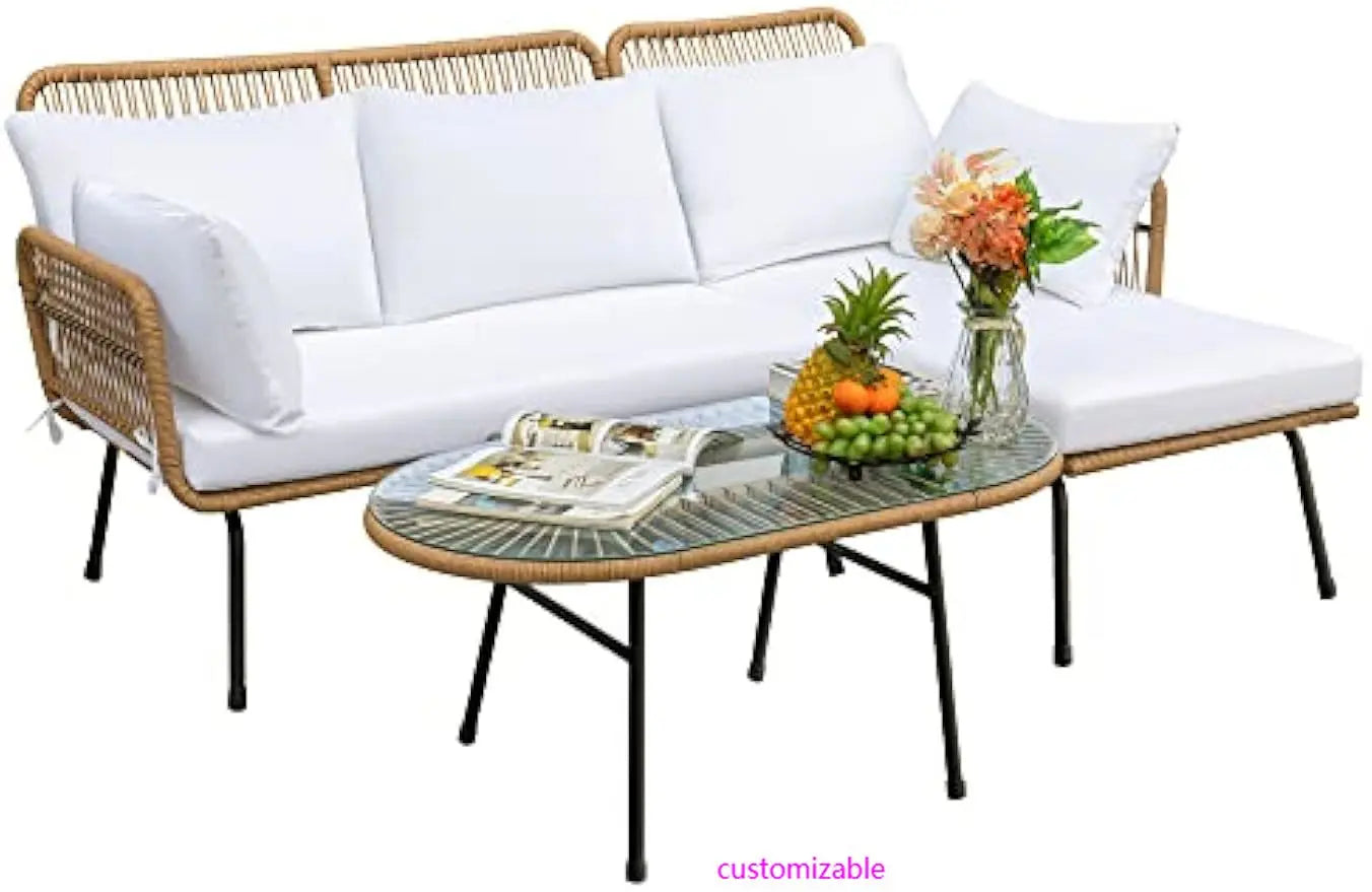 Outdoor L-Shaped Rope Sofa Set with Table & Cushions