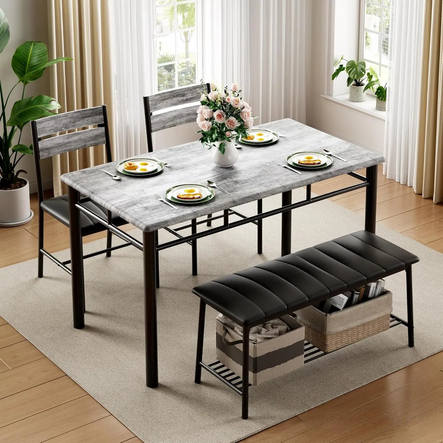 Dining Table Set for 4, Kitchen Table and Chairs and Bench Set for Small Space