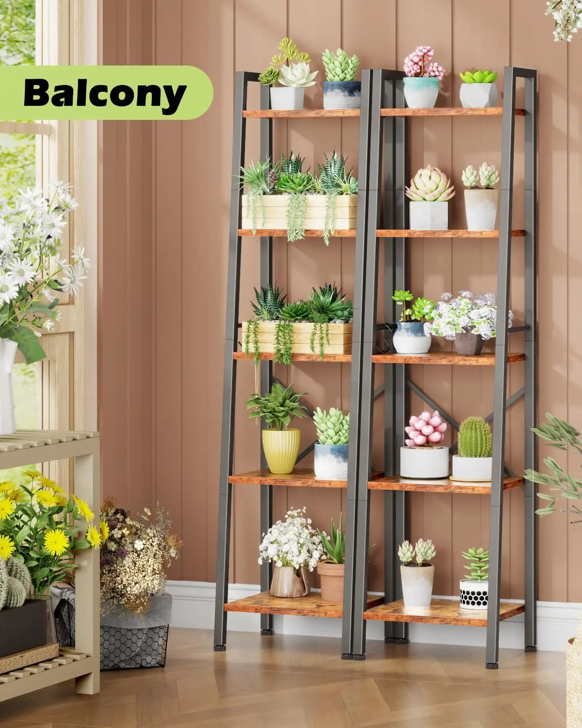 5 Tier Ladder Shelf Bookcase, Rustic Brown Metal Wood Display