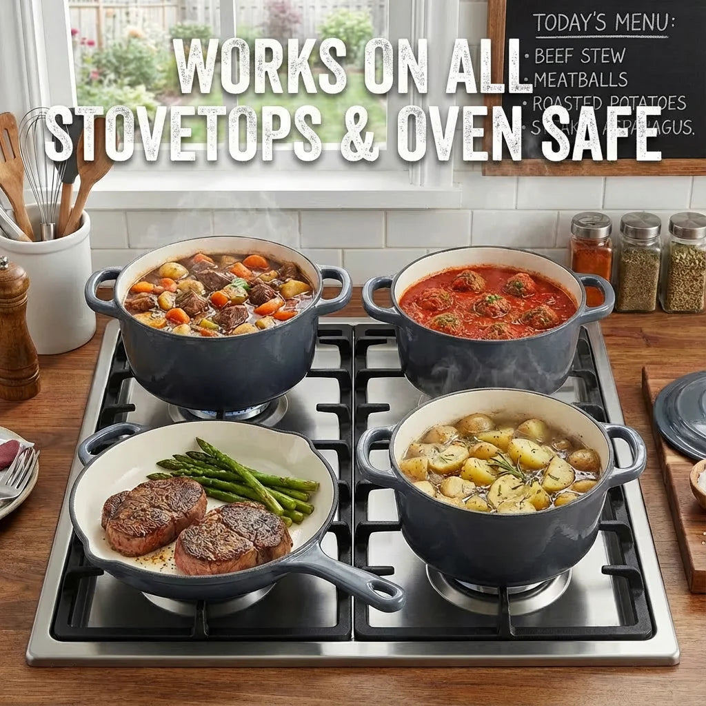 Enameled Cast Iron Cookware Set 4-Piece, 3 Round Dutch Ovens & 1 Skillet: 8 Inch (2Qt), 9 Inch (3Qt), 9.5 Inch (4Qt) & 10 Inch P