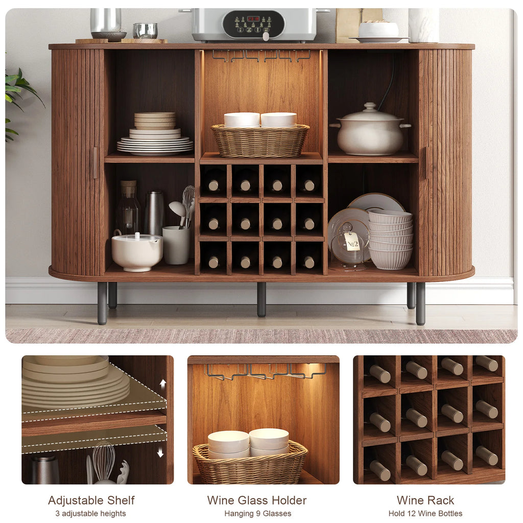 Wine Bar Cabinet w/ LED Light, Liquor Cabinet ,Coffee Bar Cabinet w/ Wine Rack & Glass Holder, Walnut Buffet Sideboard
