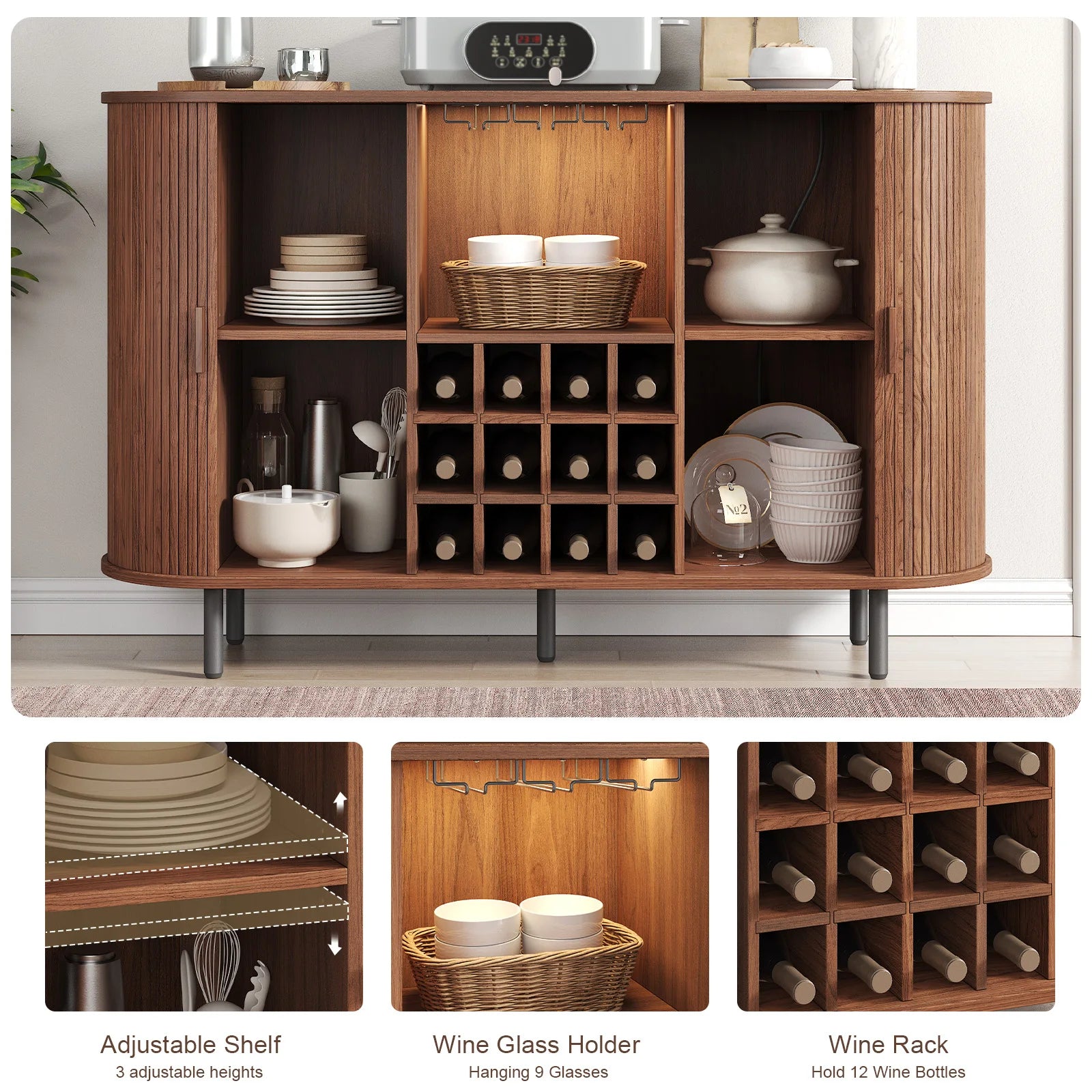 Wine Bar Cabinet w/ LED Light, Liquor Cabinet ,Coffee Bar Cabinet w/ Wine Rack & Glass Holder, Walnut Buffet Sideboard