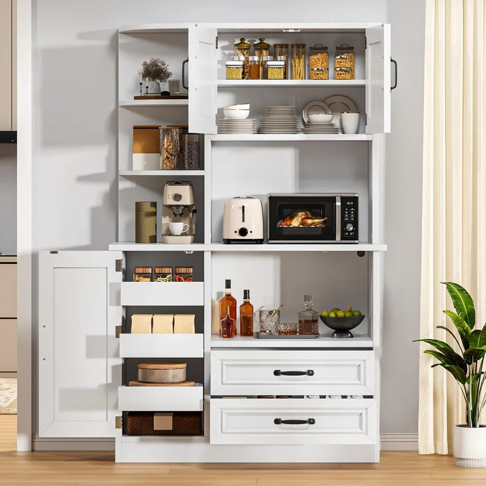 64" H Kitchen Hutch Cabinet with Power Outlet, Sliding Racks with Door, Drawers with Doors and