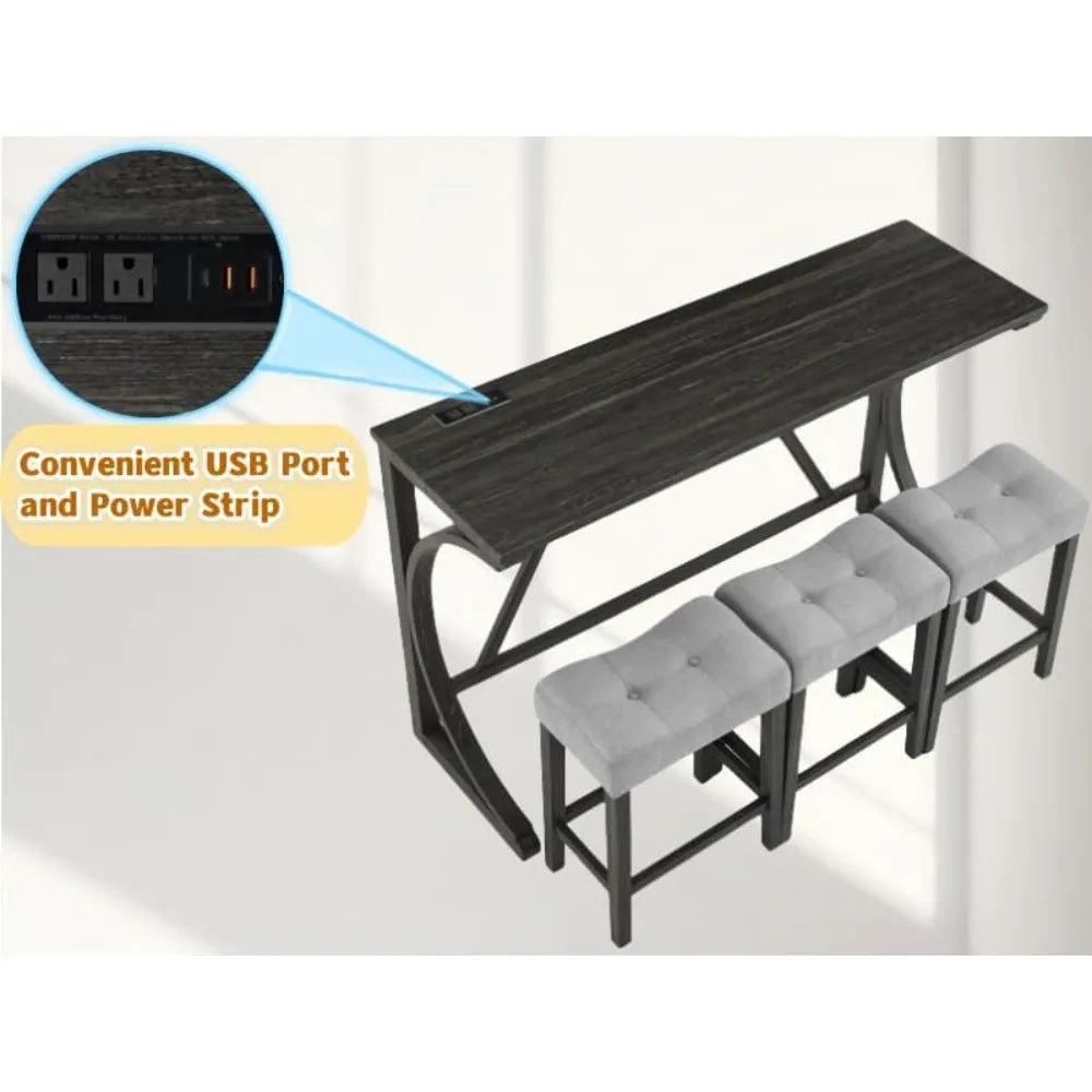 Farmhouse Counter Height Dining Set - Bar Table and Chairs, with Power Outlet and 3 Upholstered Stools