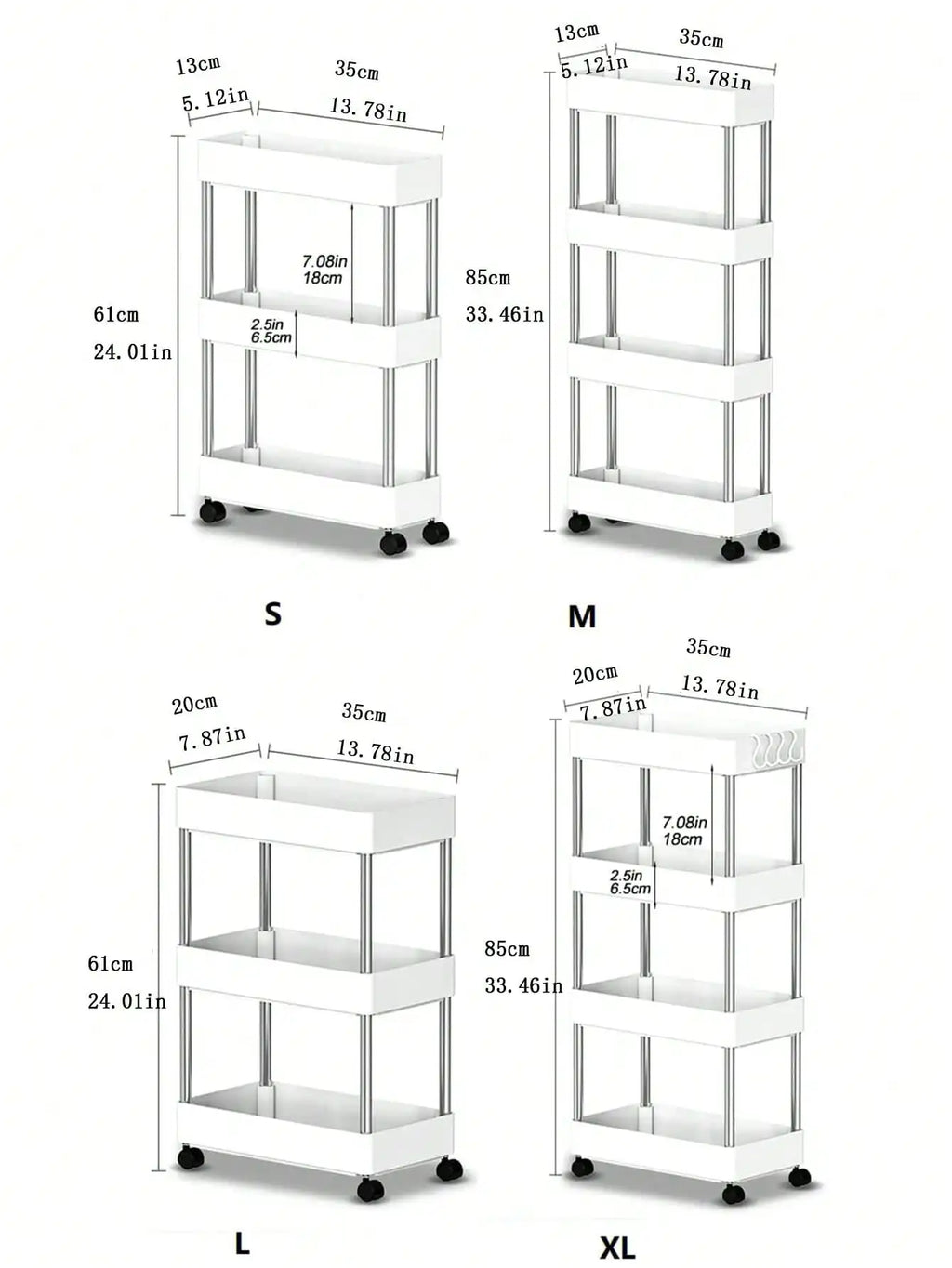 1pcs 3/4 Tier Rolling Utility Cart Storage Shelf