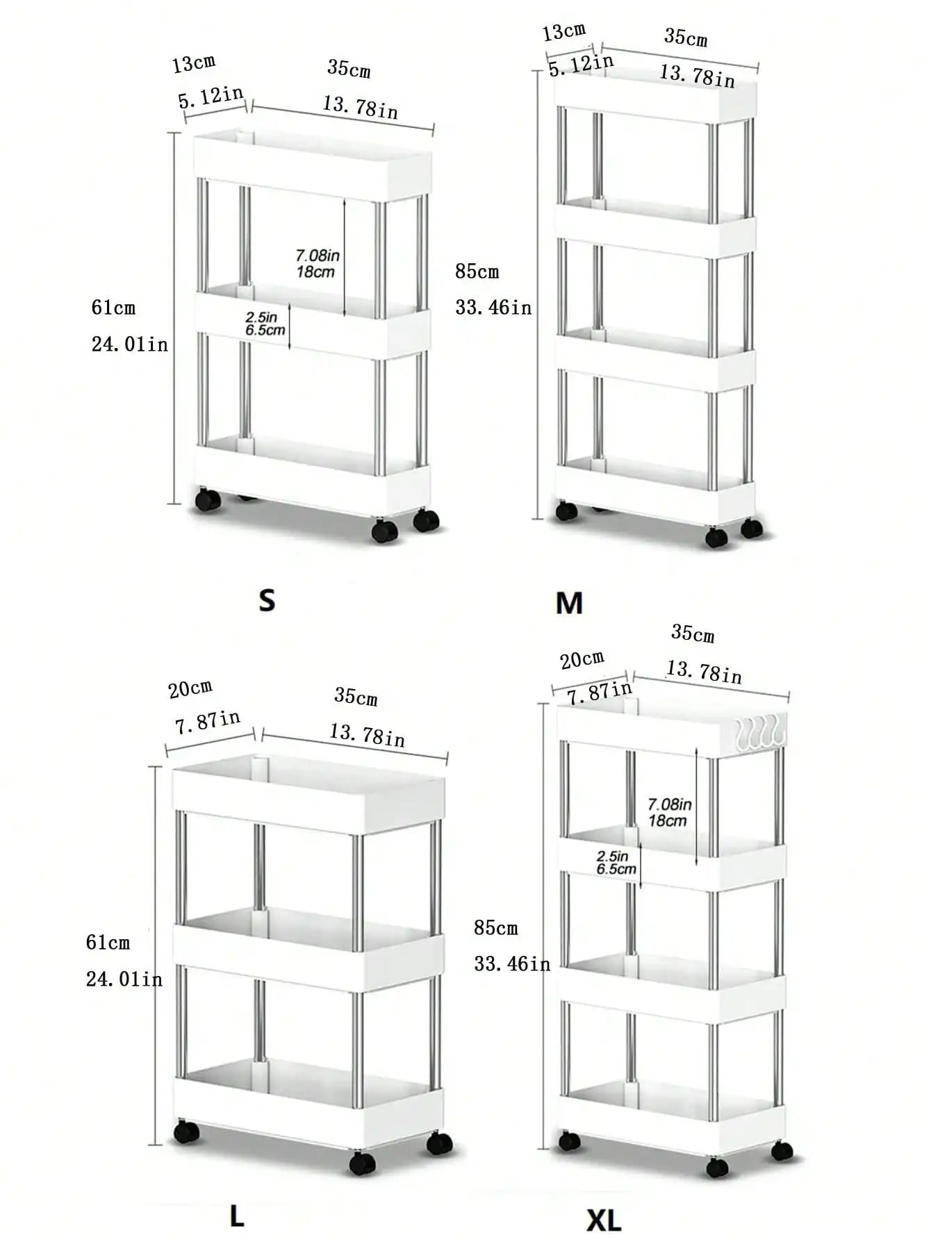 1pcs 3/4 Tier Rolling Utility Cart Storage Shelf