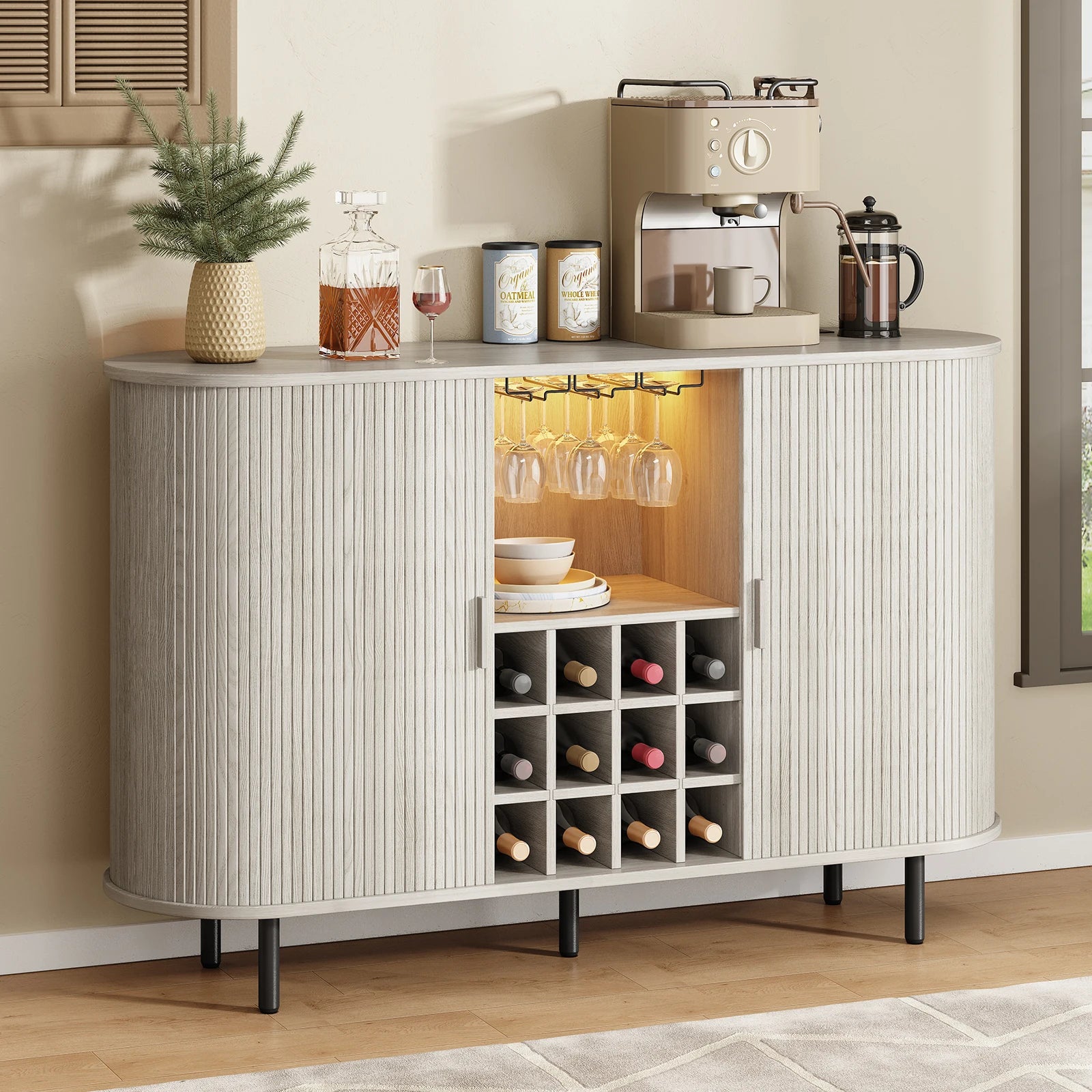 Wine Bar Cabinet w/ LED Light, Liquor Cabinet ,Coffee Bar Cabinet w/ Wine Rack & Glass Holder, Walnut Buffet Sideboard