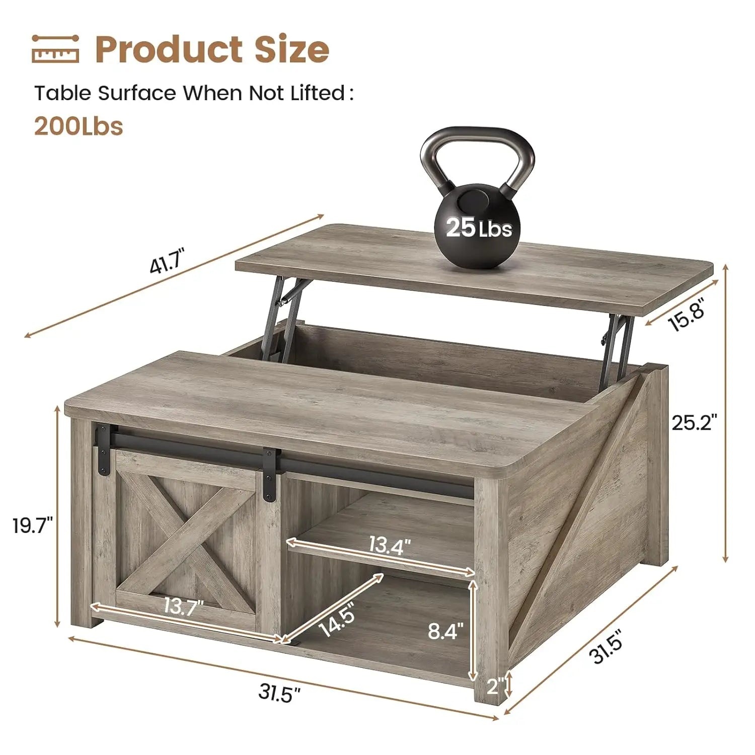 31.5" Lift Top Coffee Table with Storage, Farmhouse Coffee Table