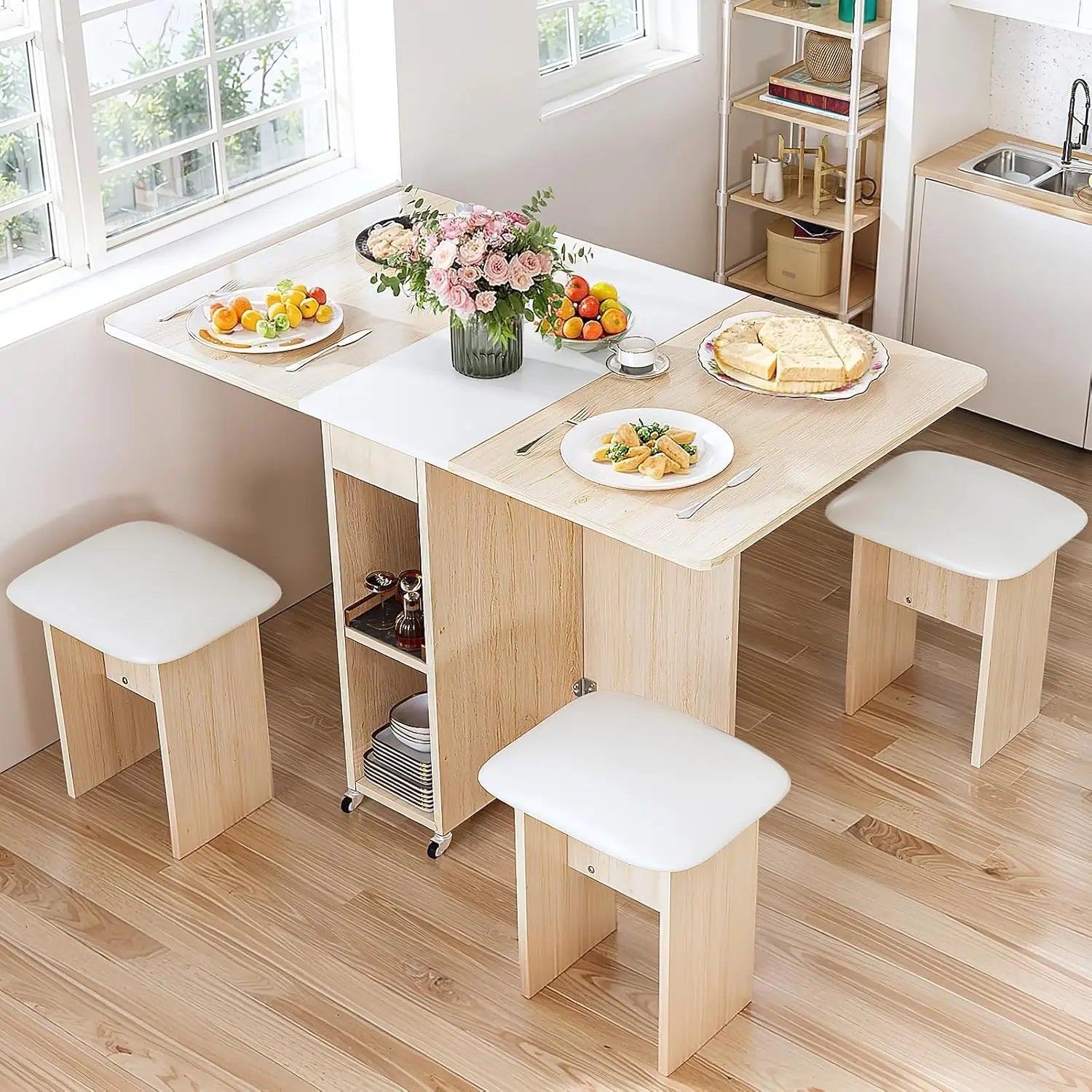 Folding Dining Table Set for 4, Leather Chairs and Shelves, Space Saving Foldable Dining Table