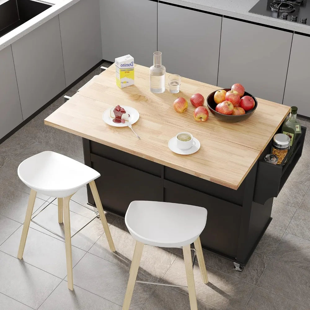 Kitchen Cart with Wood Top and Drop Leaf Breakfast Bar