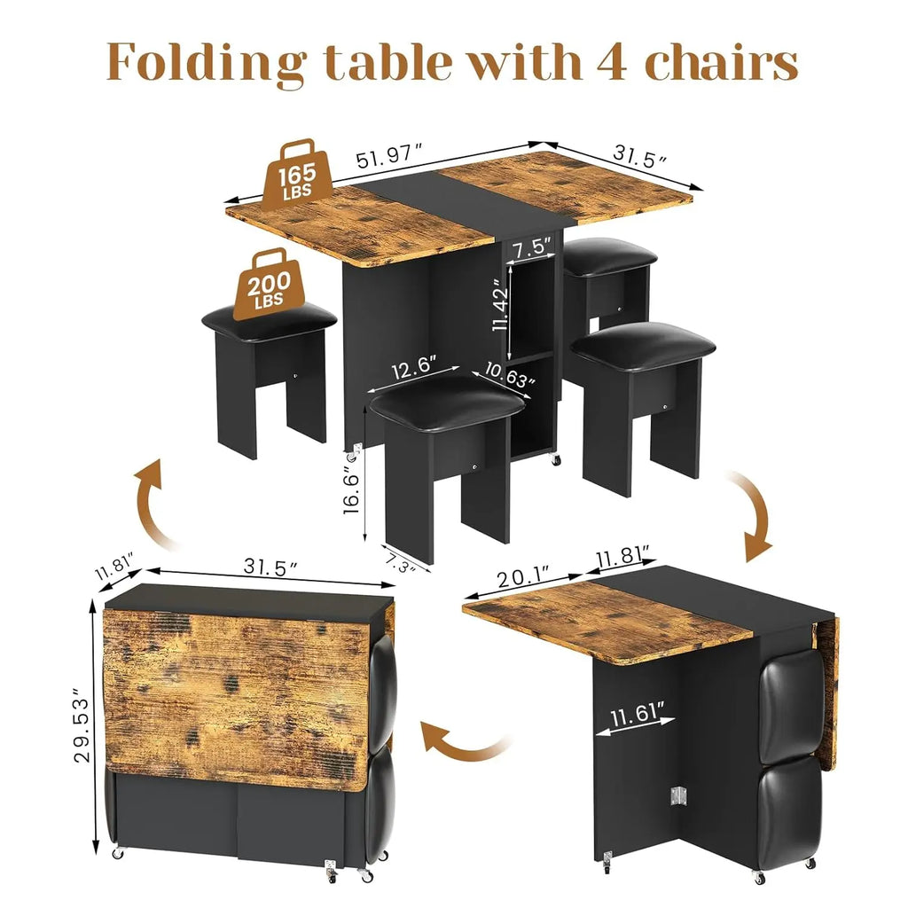 Folding Dining Table Set for 4, Leather Chairs and Shelves, Space Saving Foldable Dining Table