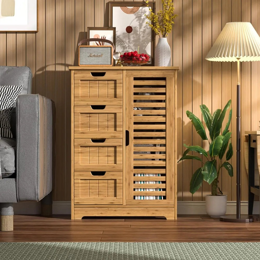 Bamboo Bathroom Storage Cabinet with 2 Shelves & Drawers, Waterproof Countertop