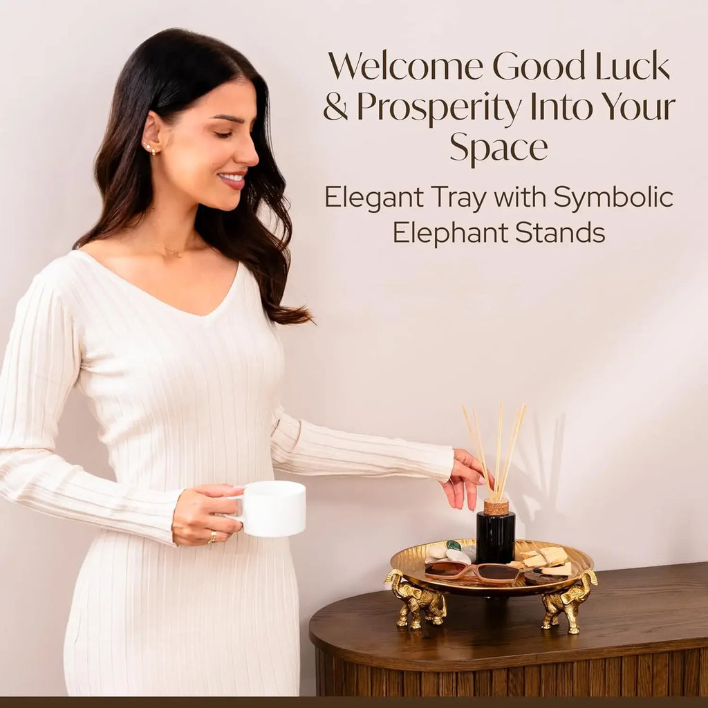 Round Decorative Tray with Elephant Stands, Golden