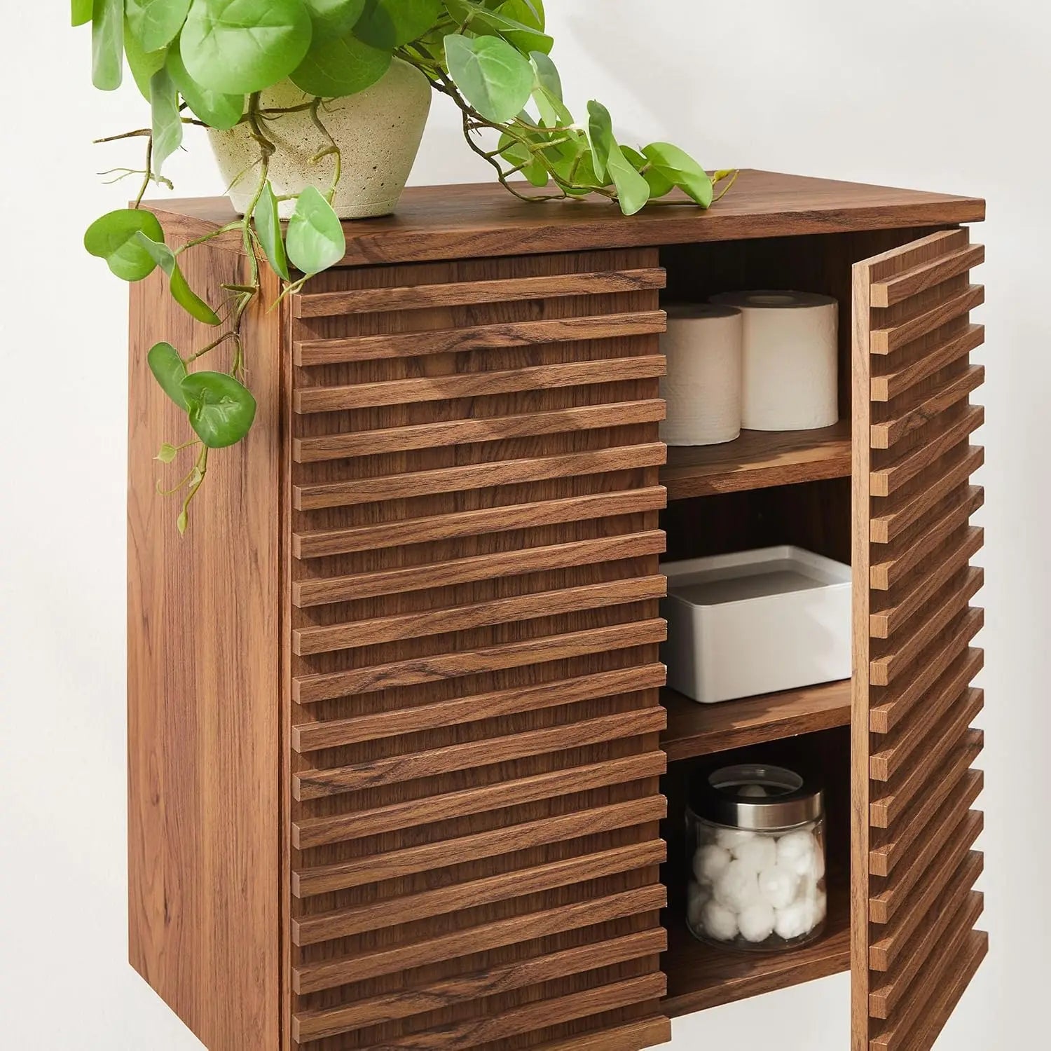 Wall Mounted Bathroom Cabinet in Walnut Compact Wall Storage with Slatted Doors and Adjustable