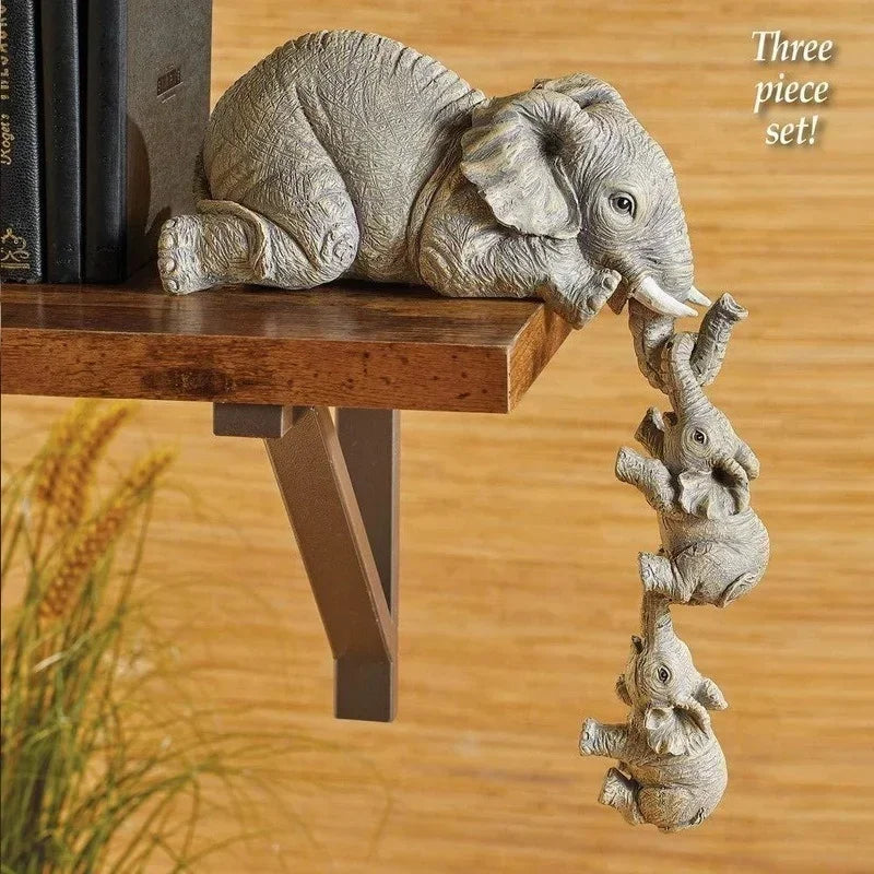 3pcs/set Cute Elephant Figurines Mother Elephant Holding Baby Elephant Hanging Off The Edge of Shelf