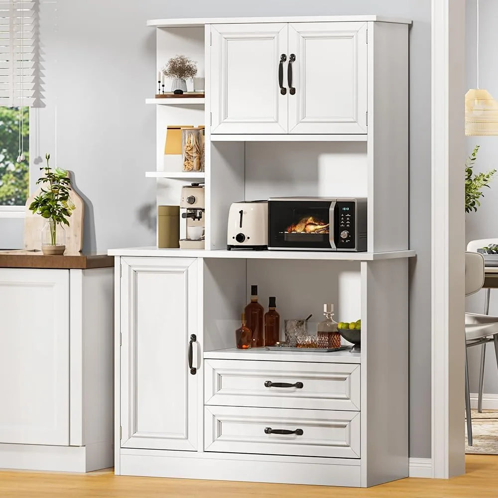 64" H Kitchen Hutch Cabinet with Power Outlet, Sliding Racks with Door, Drawers with Doors and