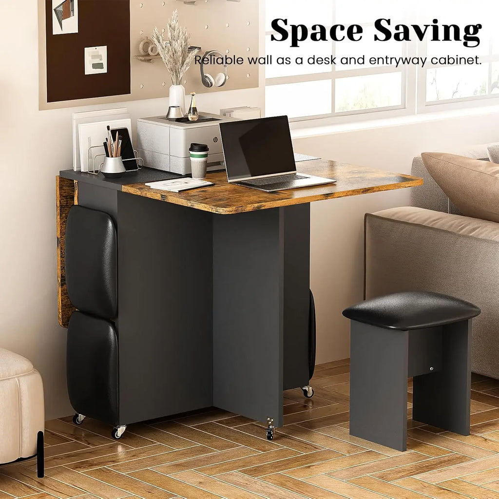 Folding Dining Table Set for 4, Leather Chairs and Shelves, Space Saving Foldable Dining Table