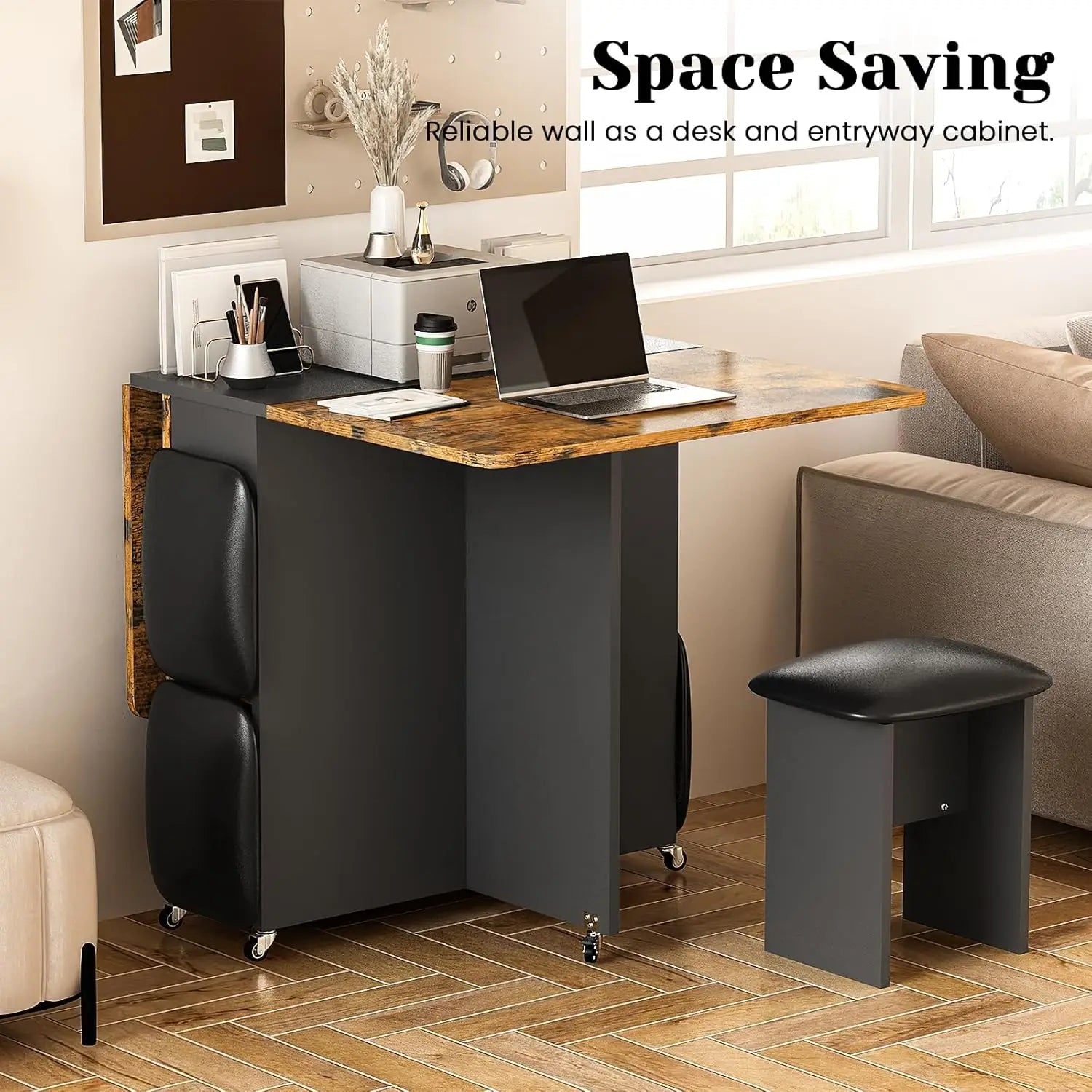 Folding Dining Table Set for 4, Leather Chairs and Shelves, Space Saving Foldable Dining Table