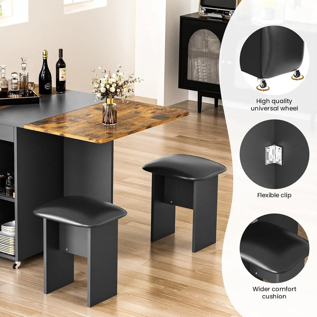 Folding Dining Table Set for 4, Leather Chairs and Shelves, Space Saving Foldable Dining Table
