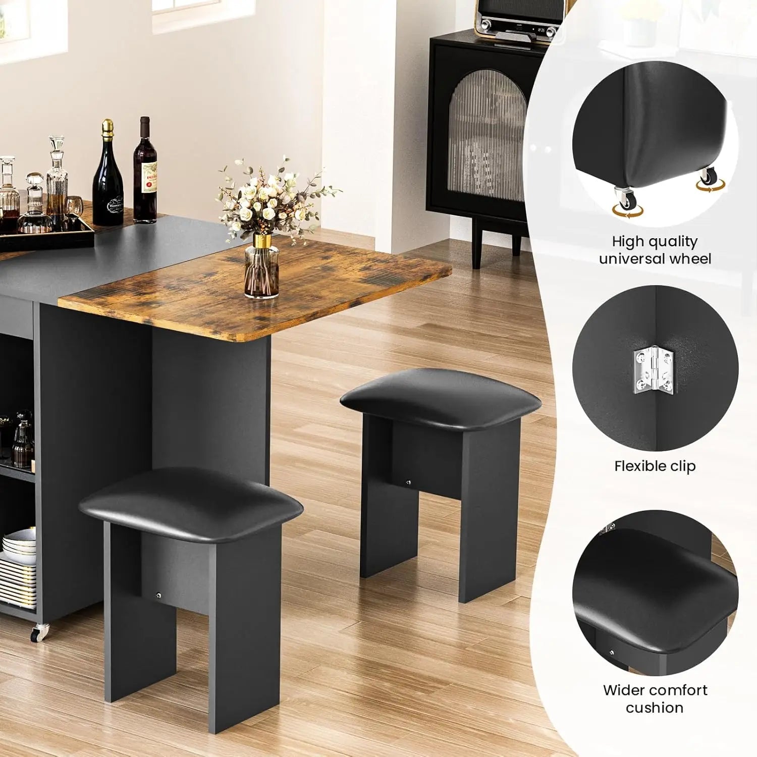 Folding Dining Table Set for 4, Leather Chairs and Shelves, Space Saving Foldable Dining Table