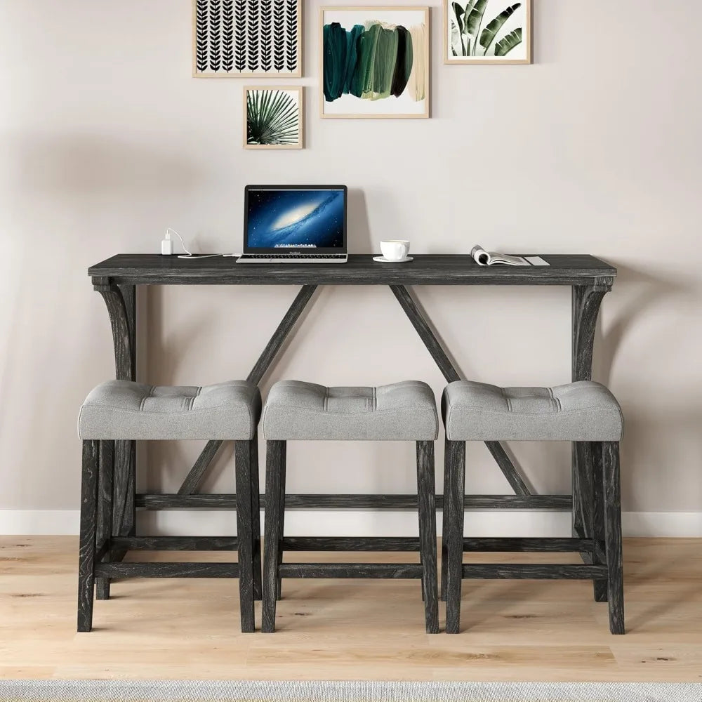 Farmhouse Counter Height Dining Set - Bar Table and Chairs, with Power Outlet and 3 Upholstered Stools