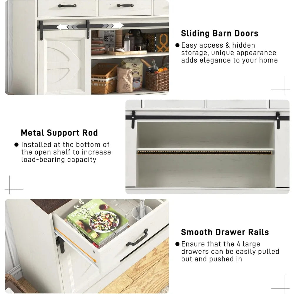 Farmhouse Style Buffet Cabinet with Sliding Doors, 4 Drawers, and Coffee Bar Feature