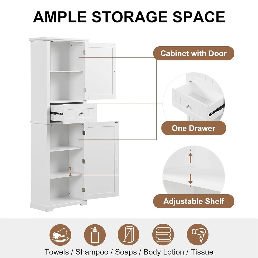 67.3" Tall Linen Cabinet, 2 Doors and 1 Drawer, Organizers Storage, Shelves