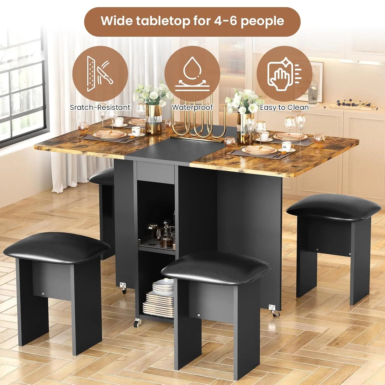 Folding Dining Table Set for 4, Leather Chairs and Shelves, Space Saving Foldable Dining Table