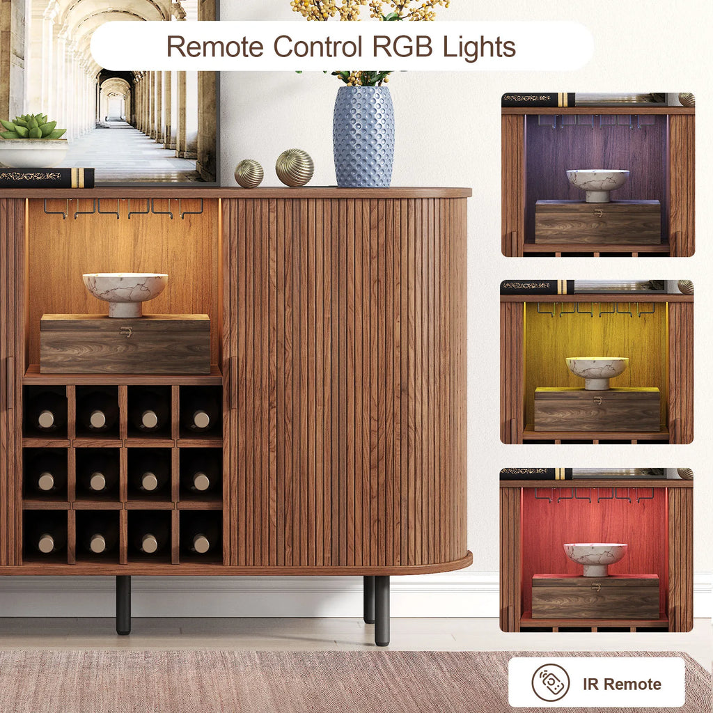 Wine Bar Cabinet w/ LED Light, Liquor Cabinet ,Coffee Bar Cabinet w/ Wine Rack & Glass Holder, Walnut Buffet Sideboard
