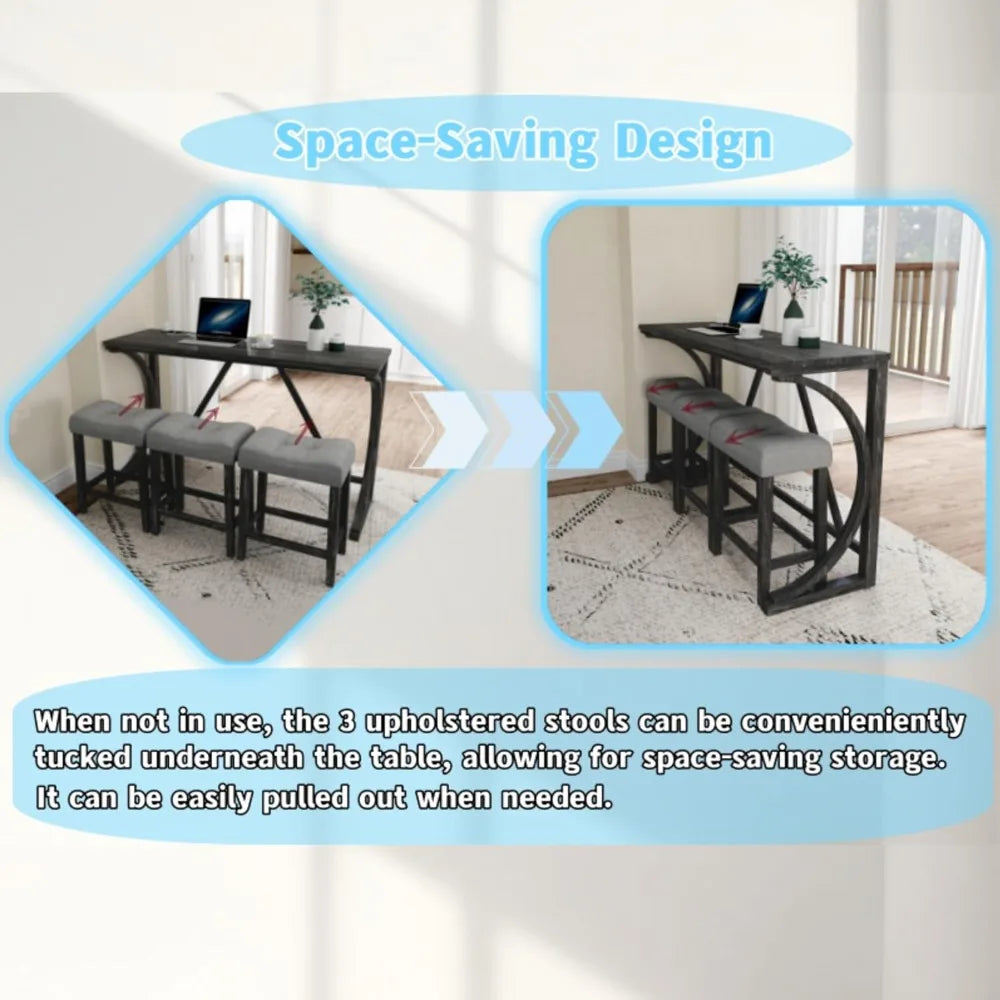 Farmhouse Counter Height Dining Set - Bar Table and Chairs, with Power Outlet and 3 Upholstered Stools