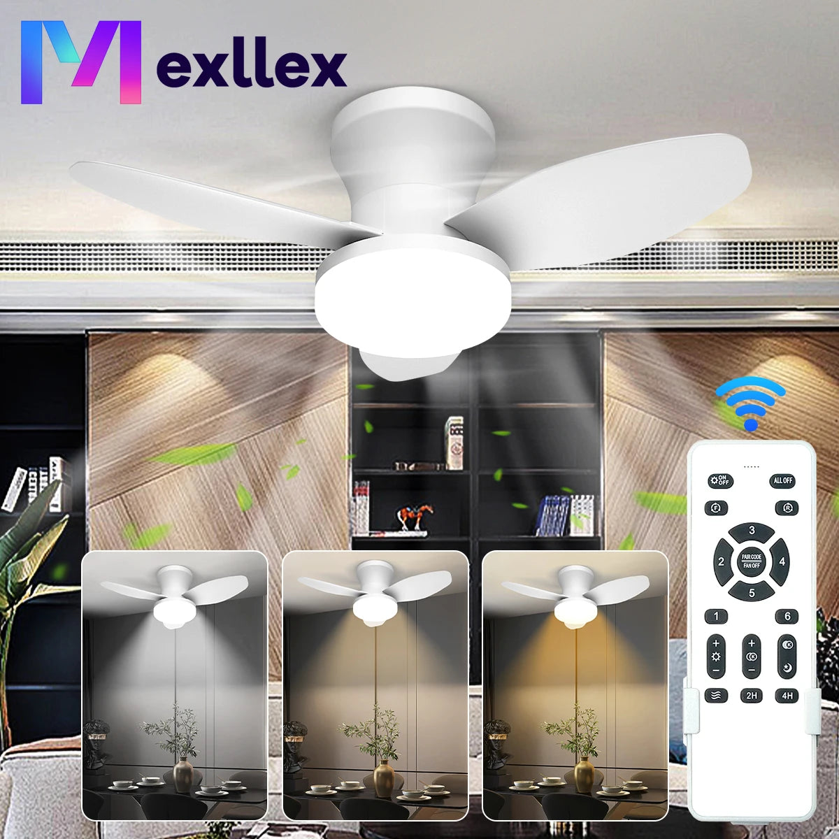 Three Leaf Ceiling Fan with Light & Remote Control, 6 Speed, Reversible Noiseless, Dimmable LED