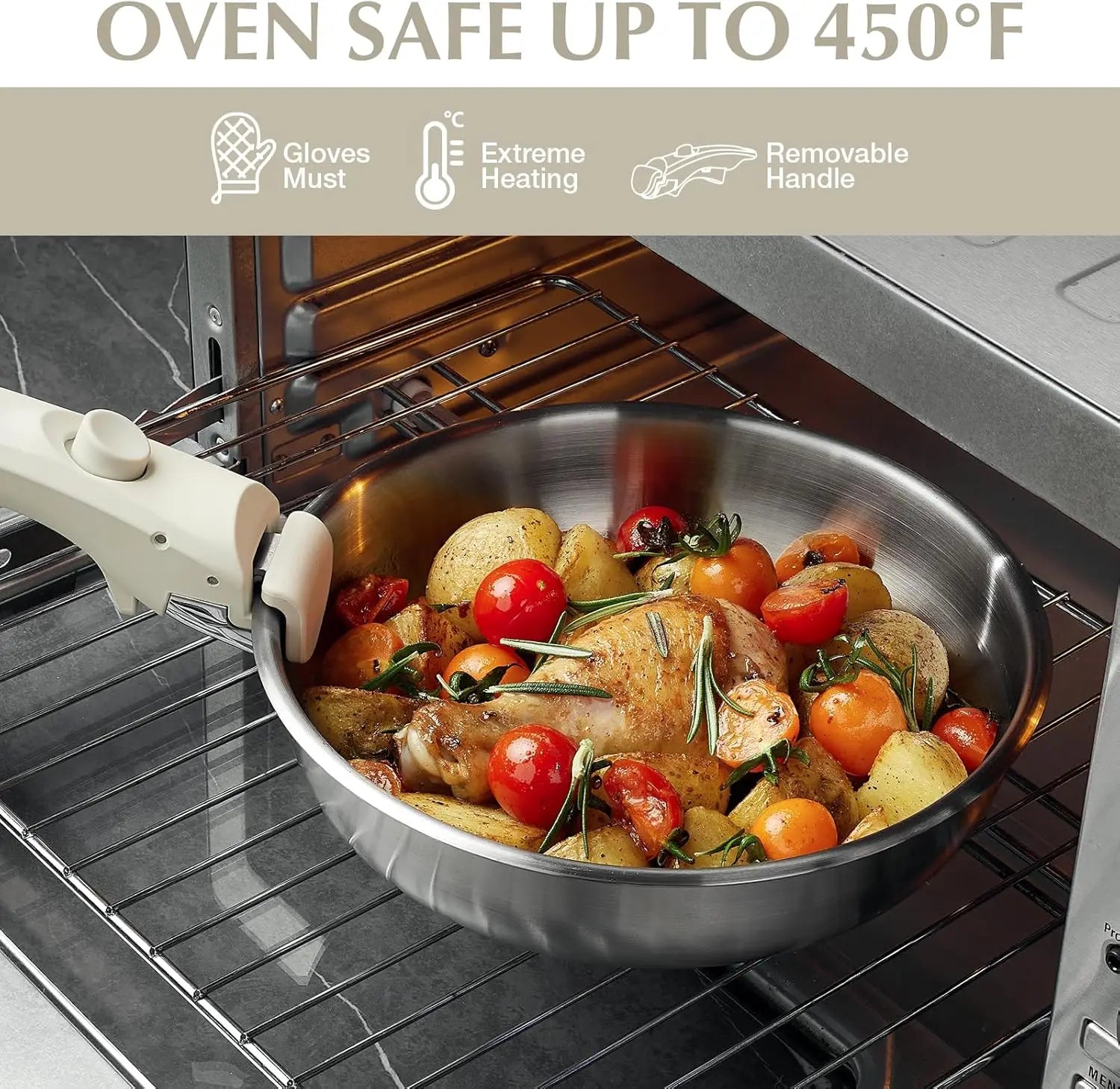 Stainless Steel Pots and Pans Set, 7 Piece Stainless Steel Cookware Set with Detachable Handle