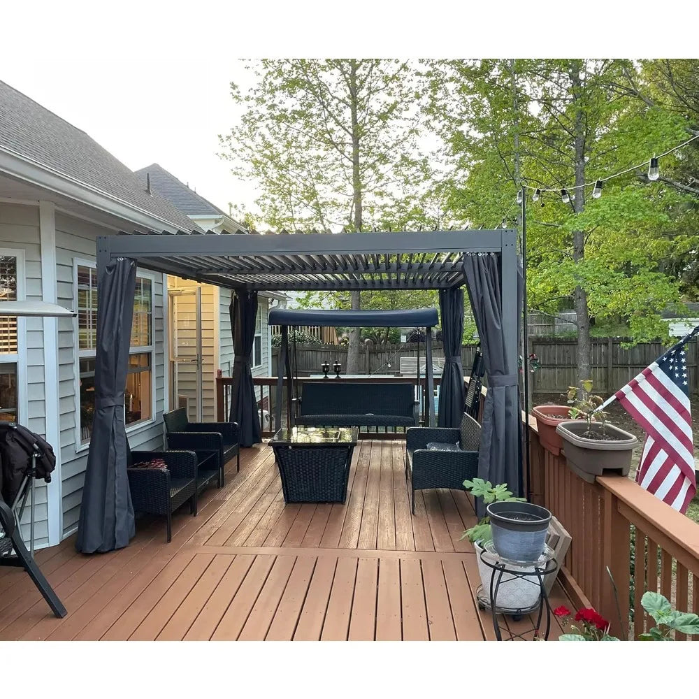 12' × 16' Louvered Pergola with Adjustable Roof, Curtains and Netting