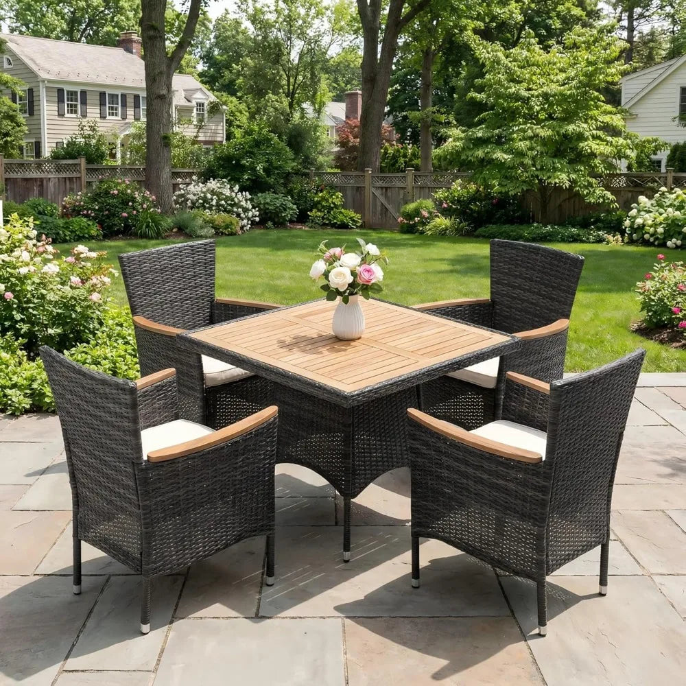 5 Pcs Outdoor Patio Table and Chairs with Acacia Wood Tabletop