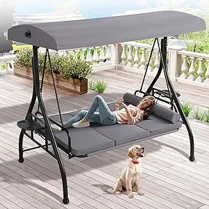 3 Person Outdoor Porch Swing with Canopy and Stand